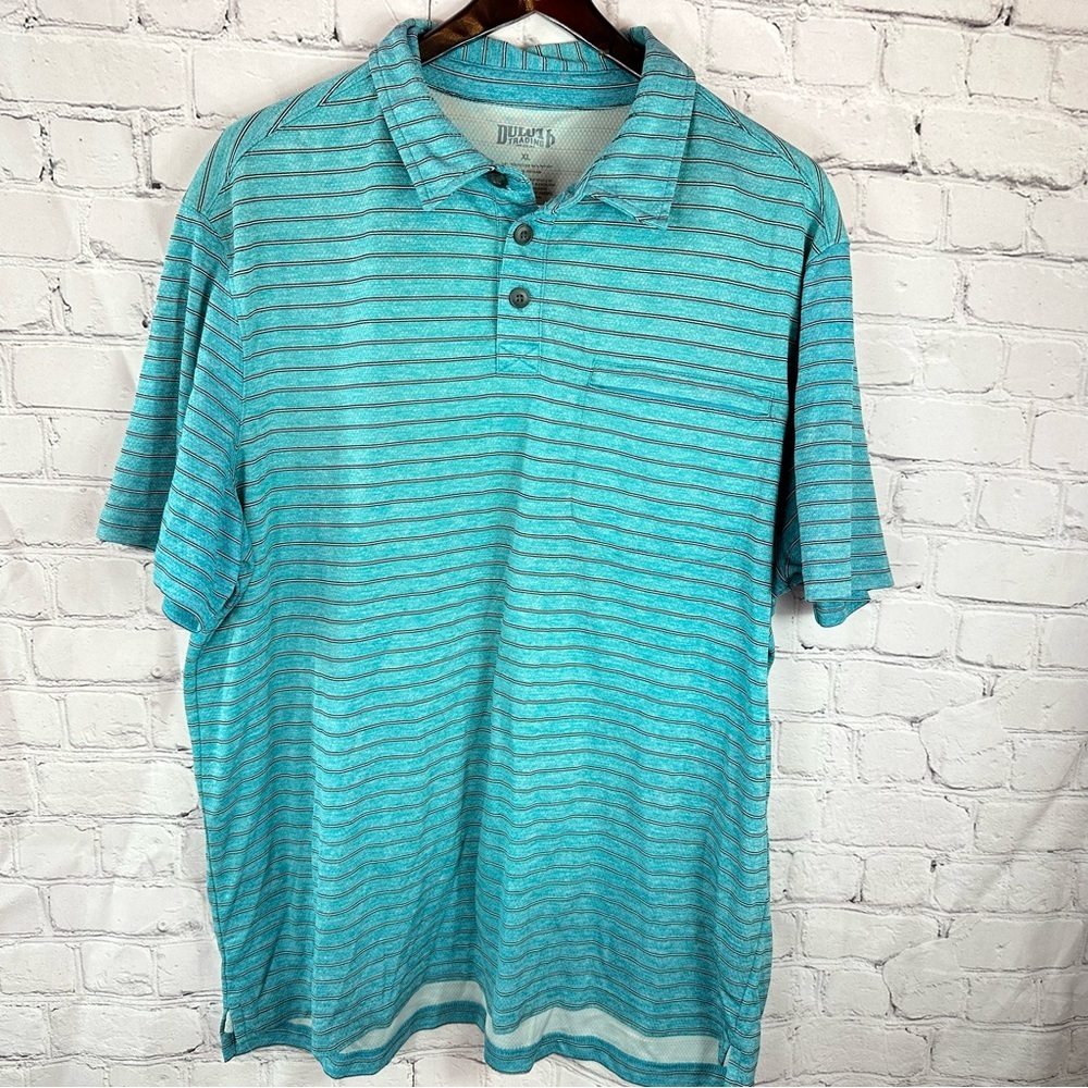 Duluth Trading Co Teal Striped Polo Shirt mens XL zip chest pocket business cas